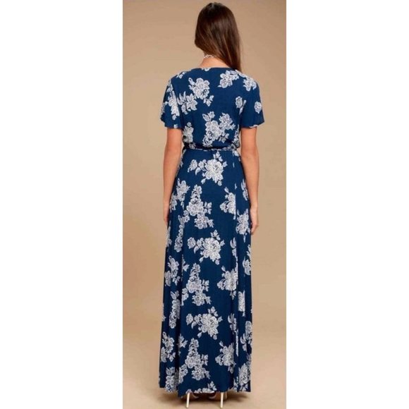 Lulu’s Heart of Marigold Navy Blue Floral Print Wrap Maxi Dress XS NWT - Picture 3 of 7